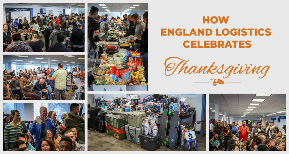 Thanksgiving England Logistics group shots of employees at charity auction